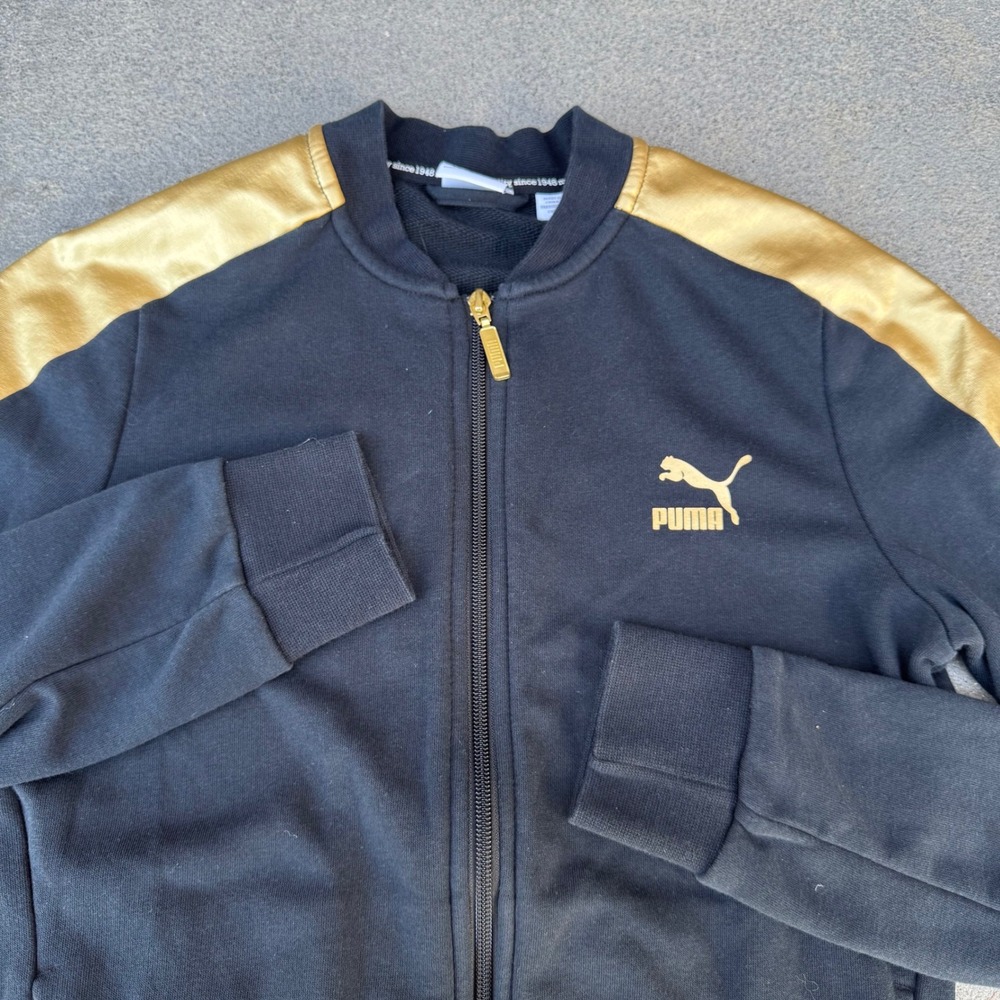 Puma Womens T7 Track Jacket Black Metallic Gold Stripe Full Zip Small